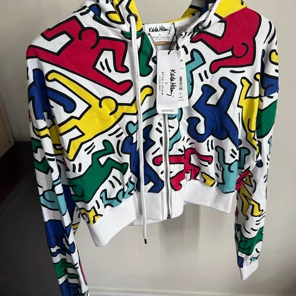NWT Alice + Olivia X Keith Haring Barron Crop Zip Up Hoodie Sweatshirt Jacket L - Picture 12 of 16